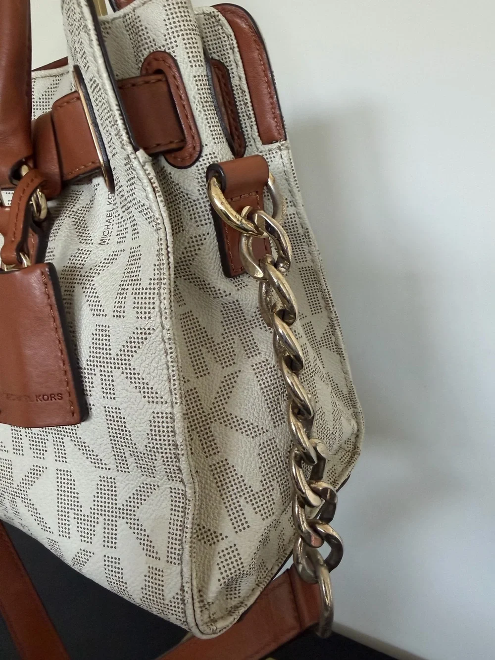 Michael Kors Hamilton Signature MK Logo Lock Satchel Vanilla Brown Leather